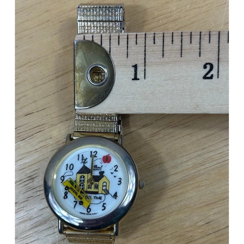 VTG Pearl Quartz Watch Women Gold Tone Schoolhouse School Bus Teacher Novelty